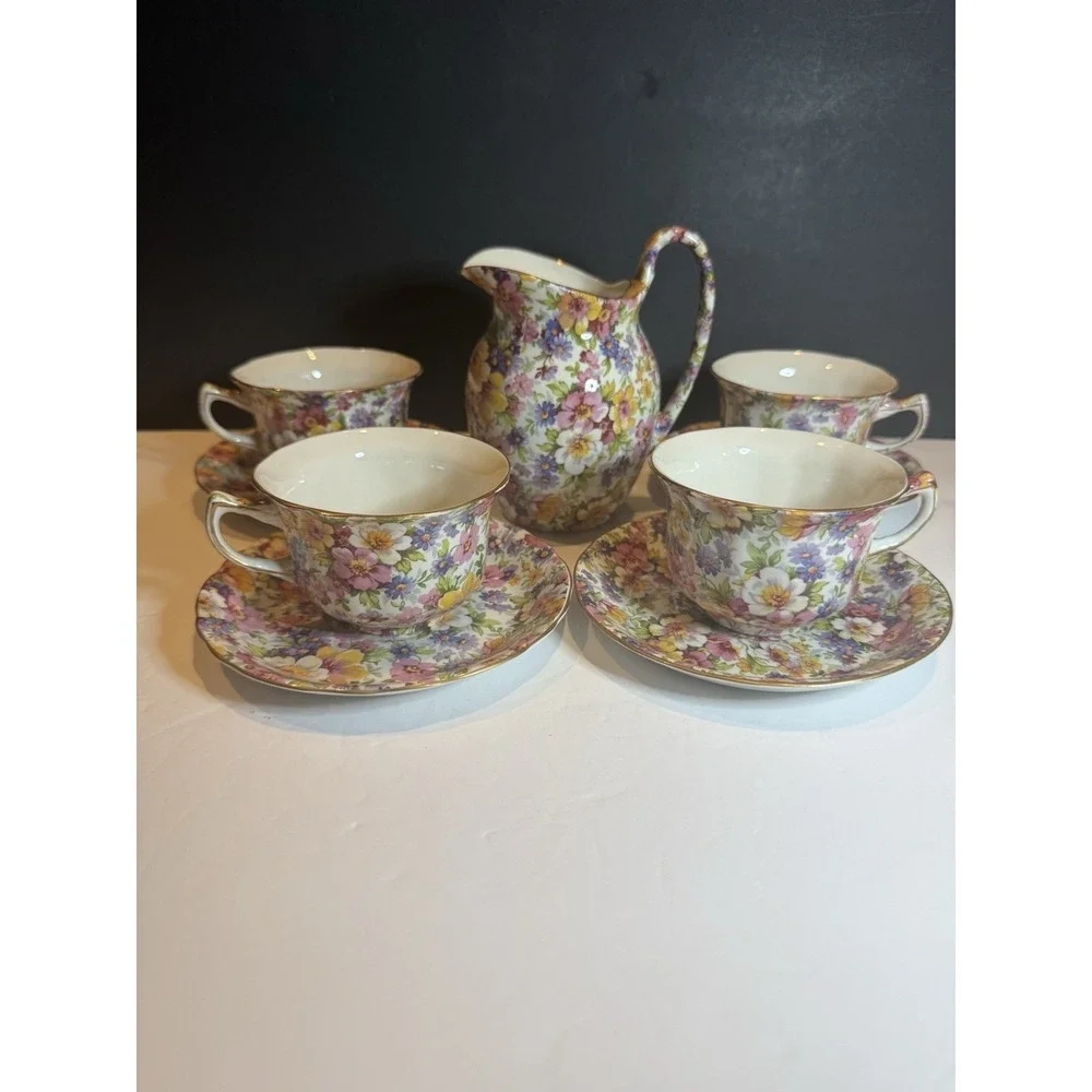 James Kent Dubarry Chintz Large Creamer 4 Cups & Saucers England 9 Pc